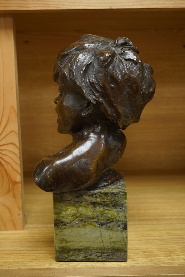 Jean Antoine Injalbert, bronzed head of a child on marble base, 28cm. Condition - good